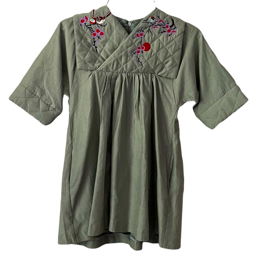 RaspberryPlum Green Cherry Blossom Bird Embroidered Quilted Dress Size 3-4 Years
